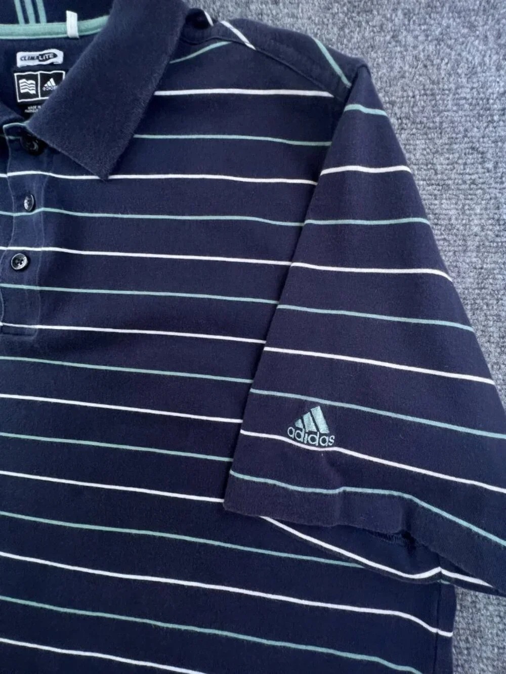 Adidas Polo Shirt Mens Large Blue Green White Striped Short Sleeve Cotton Blend